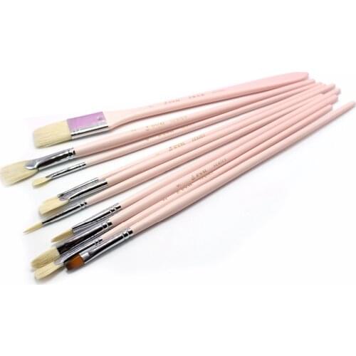 10 pcs Long Handle With Nylon Bristle Artist Pink Hair Brush Set For Watercolor Painting Drawing Nail Art Tool Acrylic Supplies