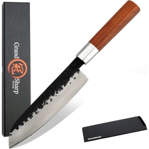 Hand Forged Santoku Knife 7 Inch High Carbon Steel Chef Kitchen Knives Sashimi Sushi Slicing Cooking Tools Gift Box GRANDSHARP