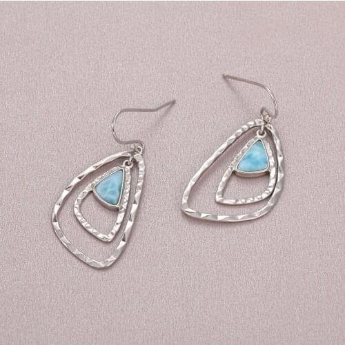 Natural Precious Larimar Earrings for Women Fashion Geometric Round Charm 925 Sterling Silver Jewelry Long Eardrop Gift Classic
