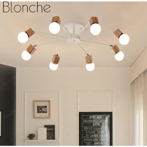 Modern 3/5/8 Heads Iron+Wood Chandelier Lights Black/White Ceiling Lamp Industrial Fixtures Living Room Kitchen Creative Lights