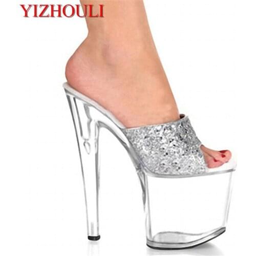 20cm high heels and a silvery transparent model show off new sandals, temperament and high-heeled dancing shoes