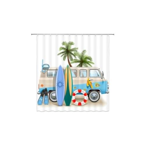 Leisure Holiday Tourist Mini Bus Bathroom Decor Surfboard Swimming Ring Shower Curtain Polyester Bathtub Curtain With Hooks