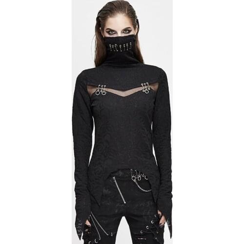 Women TShirts Hollow Out Tops Irregular Pullover Punk Women High Neck Long Sleeves Party Women Clothes