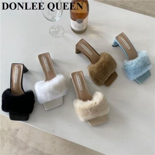Furry Slippers Women Autumn Winter Mules Shoes High Heels Slip On Slides Rabbit Fur Outdoor Slipper Casual Home Flip Flops Mujer