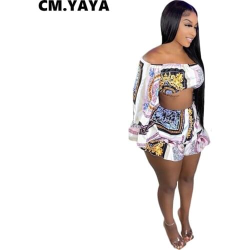 CM.YAYA Women Set Print Full Flare Sleeve Crop Tops Mini Loose Shorts Two 2 Piece Set Sexy Fashion High Streetwear Outfit Summer