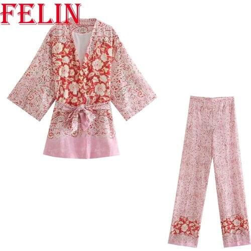 Za 2021 Women Chic Floral Print Sets 2 Pieces Oversized V Neck Sashes Kimono Shirts and High Waist Wide Leg Pants Vintage Suits