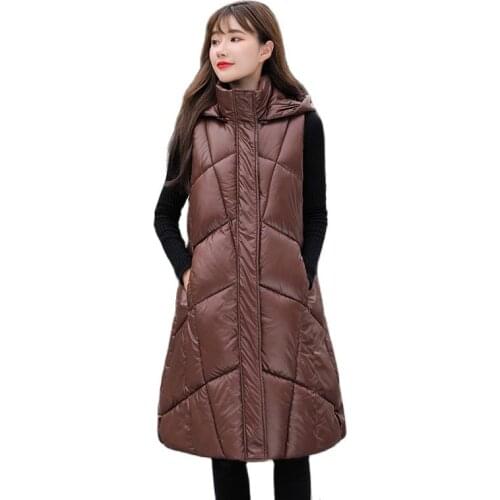 Women Winter Hooded Glossy Big Pocket Long Sleeveless Vest Coat Waistcoat Puffer Jacket Cotton Padded Parkas Outwear Overcoat