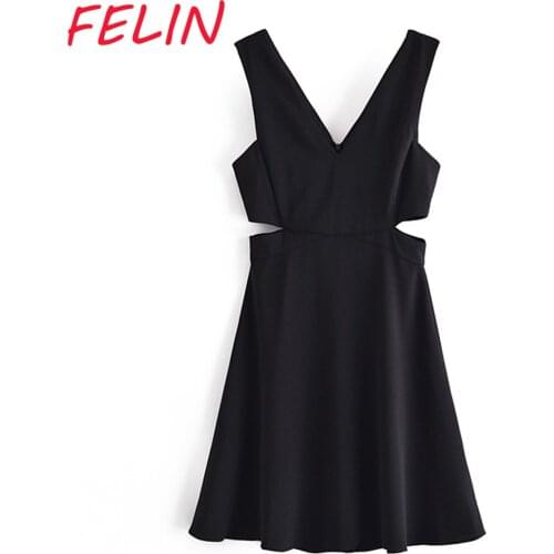 Women Sexy Chic Black Mini Party Dress Za Fashion 2021 Side Hole Sleeveless Dresses Female V Neck Stylish Mujer Vestidos