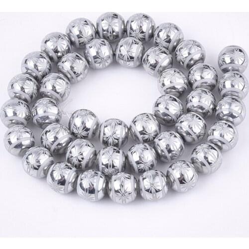 40pc/Strand Electroplate Glass Beads Strands Round with Flower/Stripe Pattern for Jewelry Making Bracelet DIY Loose Bead 8x7.5mm