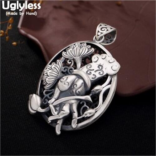 Uglyless 100% Real 990 Pure Silver Bergamot Lotus Pendant Necklaces No Chains Handmade Hollow Flower Pendants Buddhism Jewelry
