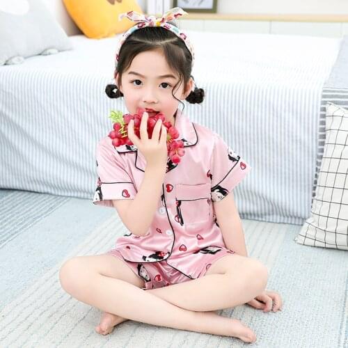 Kids Clothes Baby silk Pajama Sets for Boys Girls Cartoon Print Outfits Set Short Sleeve Blouse Tops+Shorts Sleepwear Pajamas