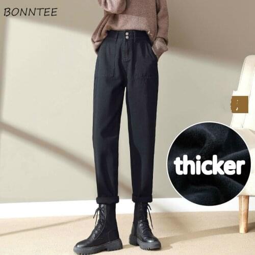 Jeans Women Plus Velvet Thicker College Stylish All-match Black Daily High Waist Ins Loose Straight Lady Trousers Pockets Autumn