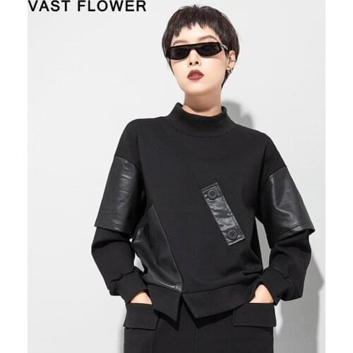 Black Plus Size Spliced PU Leather T Shirt Women New Turtleneck Long Sleeve Fashion Loose Casual Tshirt Tops Spring Autumn 2021