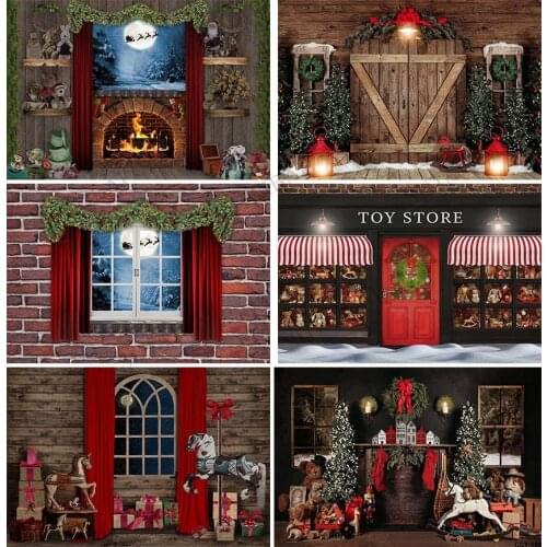 Red Christmas Backdrop Fireplace Tree Window Wood Baby Photography Photographic Background for Photo Studio Photophone Photocall