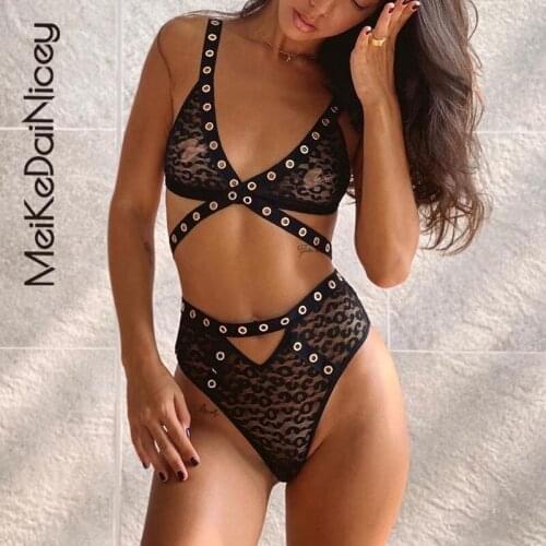 MeiKeDaiNicey Sexy Leopard Sensual Lingerie Goth Round Hole Transparent Wireless Bra Bandage Cut Out Panties Erotic Underwear