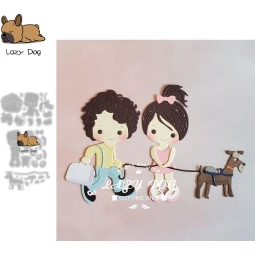 Boy and girl walking the dog Metal Cutting Dies Scrapbooking Stencil DIY Craft Embossing Die Cuts Card Making New Dies For 2021