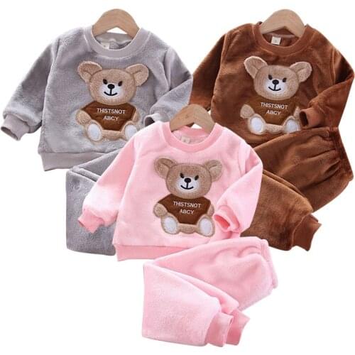 Fashion Infant Clothing Winter Flannel Baby Warm Suit Casual Baby Girls Clothes Cartoon Sweater+Pants 2pcs Boys Pajamas Set