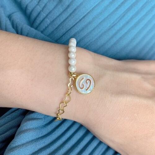 Mother of Pearl Shell 12 Horoscope Constellations Zodiac Coin Charm Bracelet for Women diy Jewelry