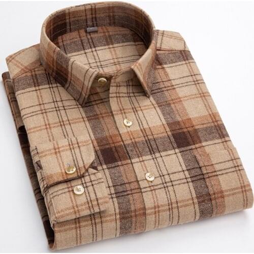 100% Cotton Brushed Flannel Striped Men Shirts Single Pocket Long Sleeve Youthful Fashion Soft Casual Plaid Checkered Shirt
