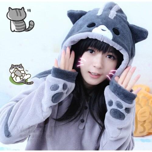 Neko Atsume Cosplay Costume Cute Cat Paw Hoodies Kawaii Thicken Flannel Hooded Sweatshirt Winter Women Pullover Long Sleeve Coat