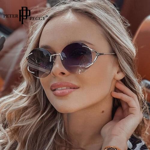 Fashion Round Sunglasses Women Men Brand Luxury Rimless Shades Sun Glasses Gradient Blue Tea Glasses For Female Oculos De Sol