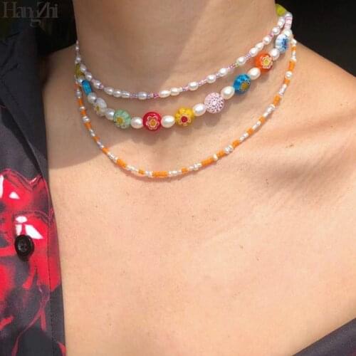 HangZhi 2021 New Colorful Enamel Daisy Flower Beads Pearl Necklace Stacking Fashion Choker Necklace for Women Girls Boho Jewelry