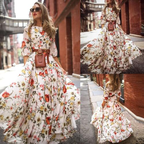 Fashion Womens Boho Floral Long Maxi Dress Party Evening Summer Loose Beach Sundress Plus Size White