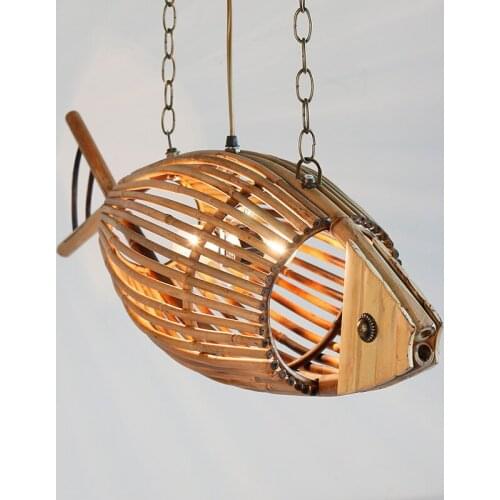 Personality Weaving Pendant Lights Bamboo Wood Light Originality Fish Pendant Lamp Retro Rural Restaurant Cafe Bar Hanging Light