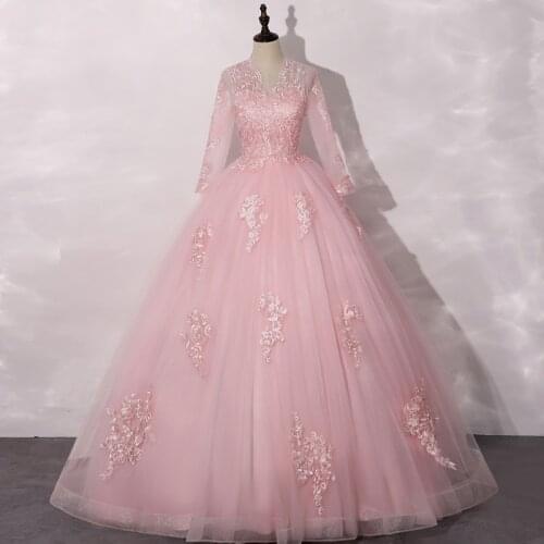 Quinceanera Dress Long Sleeve 2021 New Luxury Pink Lace Party Dress Sexy V-neck Prom Formal Floral Print Ball Gown Customize