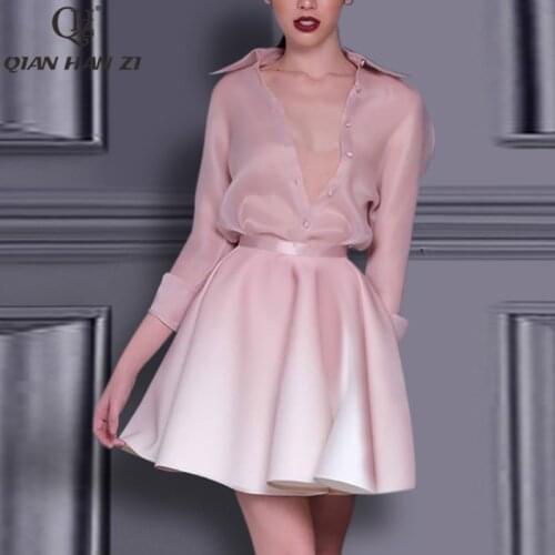 Qian Han Zi designer high-end customized fashion two-piece set Women long-sleeved shirt and elegant A-LINE mini skirt suit set