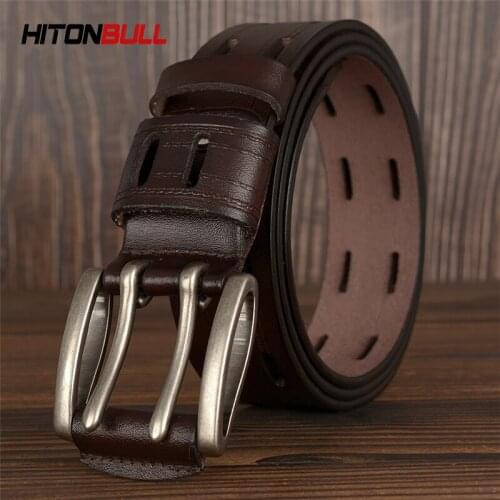 HITONBULL Mens Real Cowhide Belt Luxury Brand Men Leather Unique design Double-row Pin Buckle Belts Fashion Male Waistband