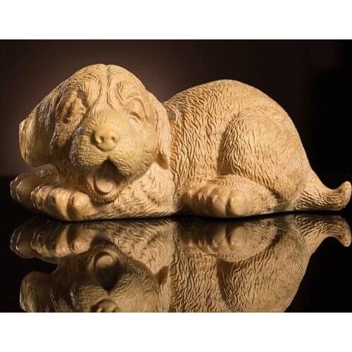 Boxwood 8cm Labrador Dog Sculpture Wood Animal Lucky Statue Sleepy Puppy Home Decor