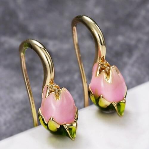 Huitan Delicate Pink Bud-shaped Drop Earrings Women Gold Color Hook Romantic Party Accessories Simple Stylish Girl Earrings Gift