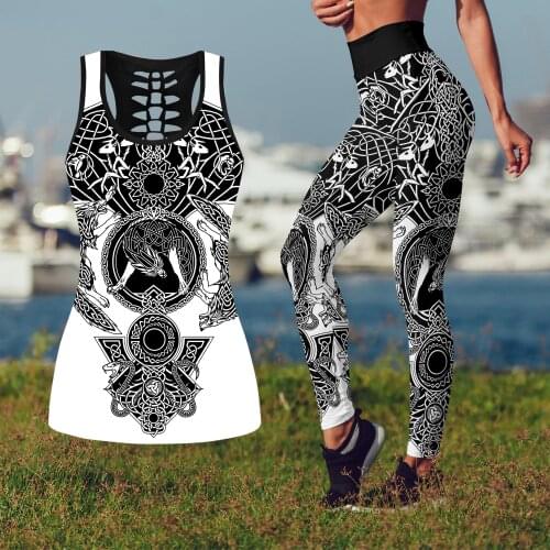 Viking Munin Raven Tattoo 3D Printed Hollow Tank Top & Leggings Set Fitness Female Full Length Leggings 13 styles Yoga Pants