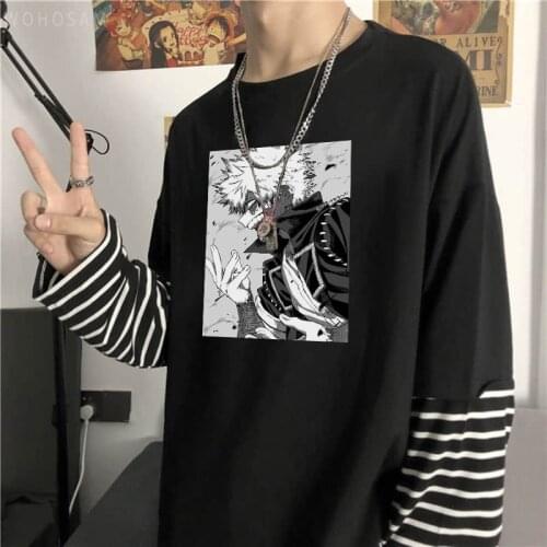 Japan Anime My Hero Academia Harajuku Katsuki Bakugo Manga T-shirt Summer Korean Unisex Long Sleeve Black White Stripes Tshirts