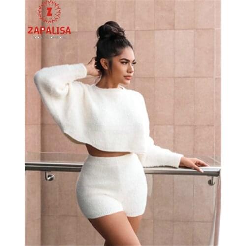 Zapalisa White Velet Fashion Winter Streetwear 2 Piece Set Women Outfits Long Sleeve Crop Tops+Elastic Waist Shorts