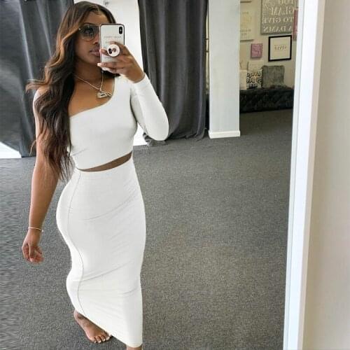Women Two Piece Skirt Set Crop Top Long Sleeve One Shoulder Elegant Midi Skirt Bodycon Sexy Streetwear Autumn Winter Matching