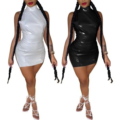 Women Close-fitting Slit Dress, Solid Color Sleeveless Turtleneck Off-the-shoulder Dresses of Girl, Black/ White