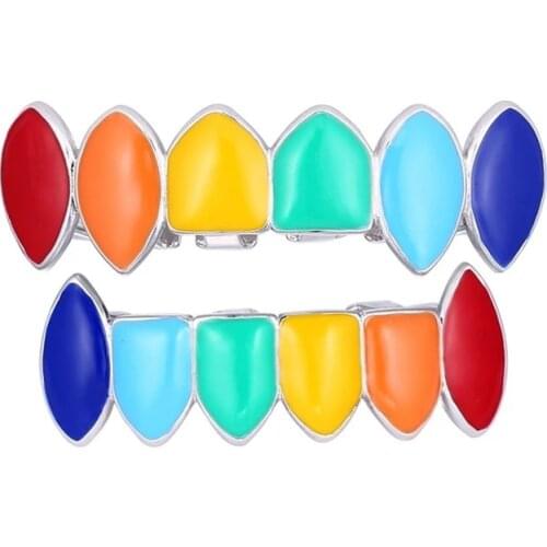 6ix9ine Rainbow Hip Hop Colorful 69 Oil Gold Dent Teeth Grillz Top and Bottom Set With Free Silicone Box Caps Packing
