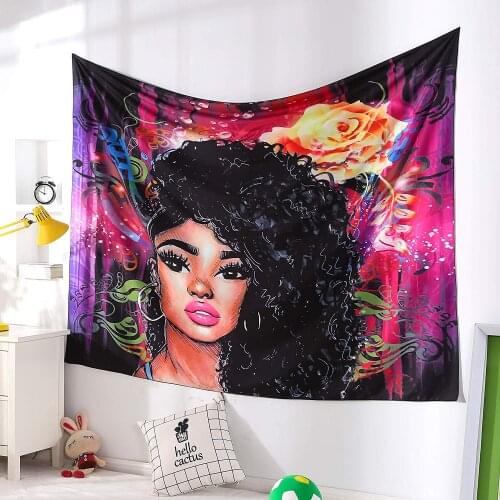 African American Black Girl Colourful Print Wall Hanging Tapestries Indian Polyester Picnic Bedsheet Afro Wall Art