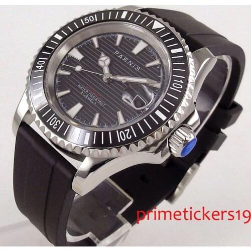 Automatic movement 41mm PARNIS black dial sapphire glass date rubber strap luminous marksmens watch
