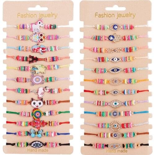 12 Pieces/Set Bohemian Animal Blue Eyes Bracelets Unisex Soft Clay Handmade Adjustable Bracelet Set Rope Chain Charm Bangle