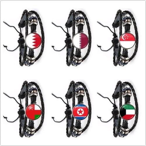 Kuwait,Qatar,North Korea,Bahrain,Oman,Singapor National Flag Leather Bracelet 20mm Glass Cabochon Adjustable Bangle Jewelry Gift