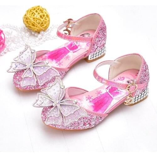 Disney Frozen Crystal Shoes For Baby Girls Elsa Princess Kids Leather Shoes High Heel Summer Shoes Butterfly Knot Party Dress