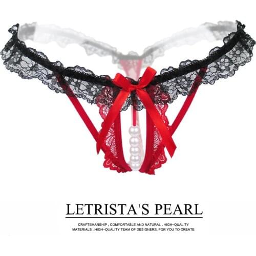 Womens Lace Panties Open Crotch Sexy Pearl Temptation Thong Bow Erotic Lingerie G String Crotchless Briefs Underwear For Sex