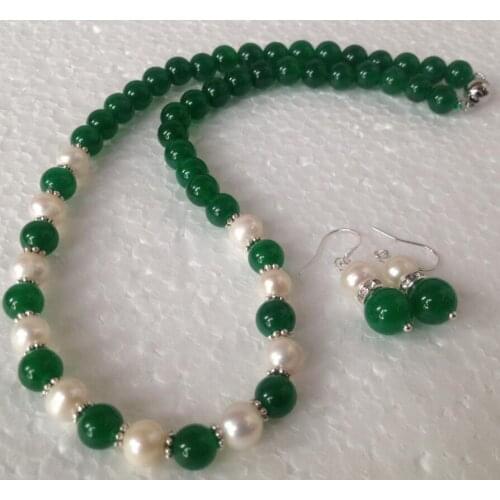 Fashion natural 7-8mm white Pearl/Green Fashion Necklace Earrings set