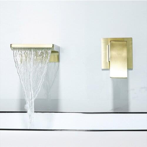 Brushed Gold Waterfall Faucet Wall Mounted Bathroom Bathtub Faucet With Shelf Platform Basin Water Mixer Quality Tap
