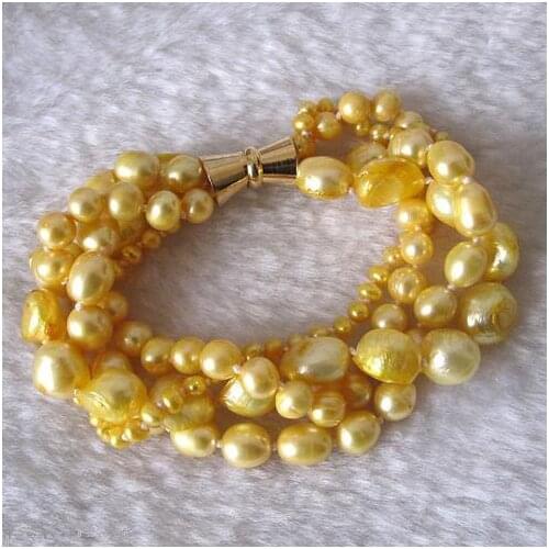 New Arrival 20cm Freshwater Pearl Bracelet 4-10mm Golden Baroque Off Round 4 Rows Fine Pearl Jewelry Classic Women Gift
