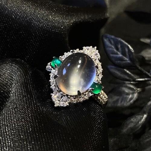 Original natural white chalcedony oval inlaid zircon opening adjustable ring charm aristocratic lady brand silver jewelry