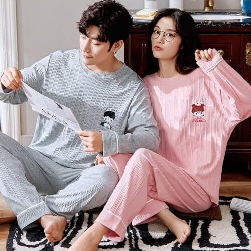 Leisure Pijama Couple Pajamas Set Spring and Autumn 100% Cotton Cartoon Women Pyjamas Plus Size M-3XL Long Sleeve Sleepwear Men
